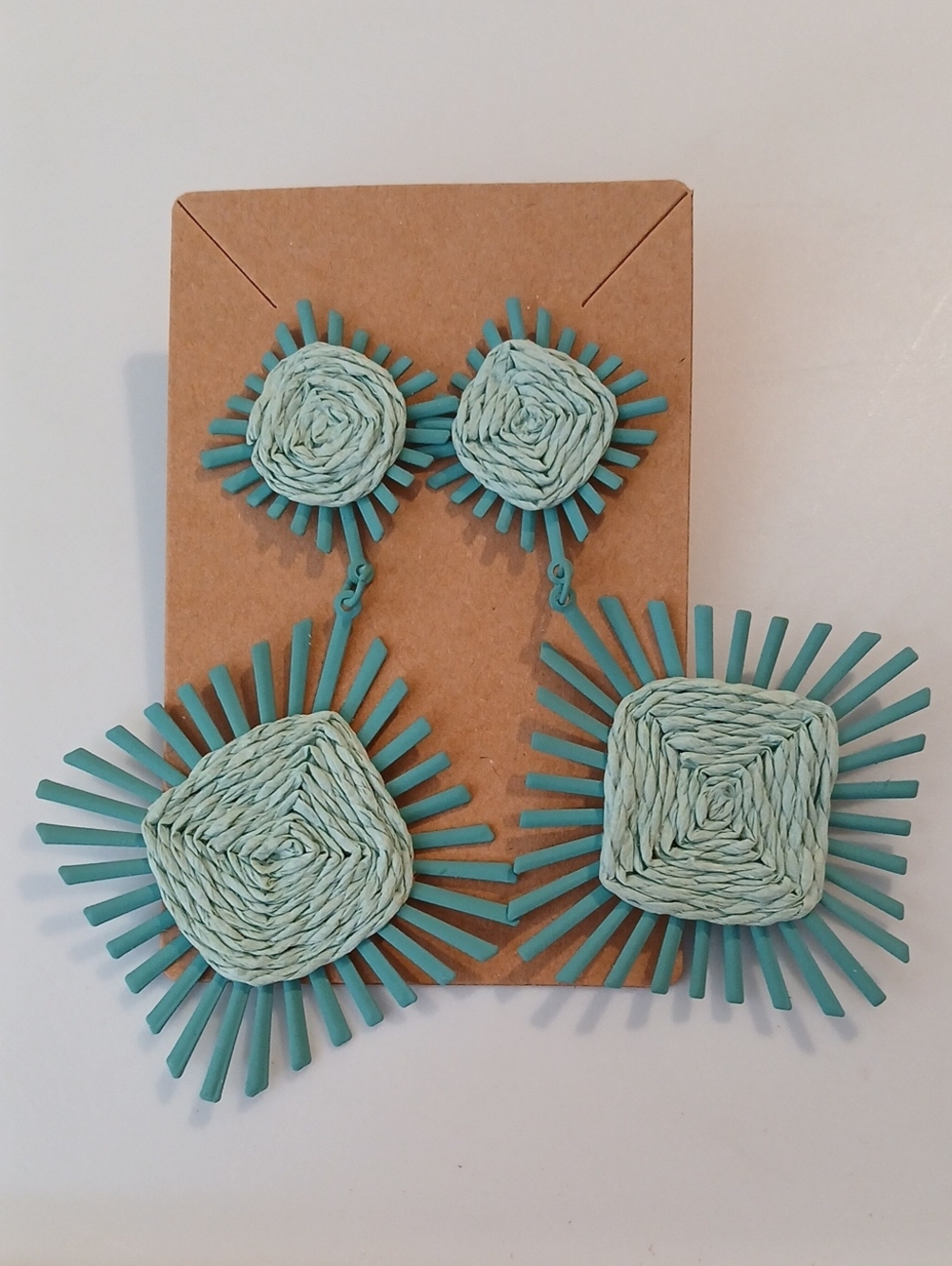 Turquoise Raffia Statement Dangle Earrings